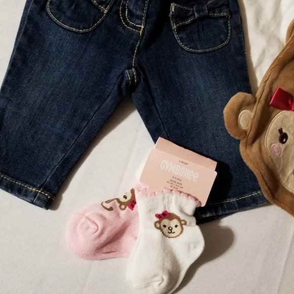 Gymboree Mischievous Monkey NWT 0-3 Month Jeans, bodysuit, bib, headband, socks - Picture 2 of 6
